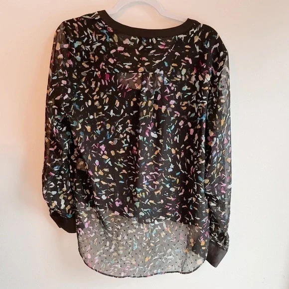 DKNY | Faux Wrap Chiffon Overlay Black and Multicolour Blouse Size S - Picture 2 of 4